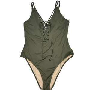 LA Hearts by Pacsun Olive Green Lace-Up One Piece Swimsuit Medium